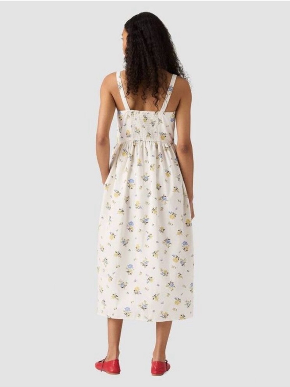 Levi's Cream Sundress Midi Cotton Blue Yellow Floral Print Garden Summer Pockets - Picture 9 of 9